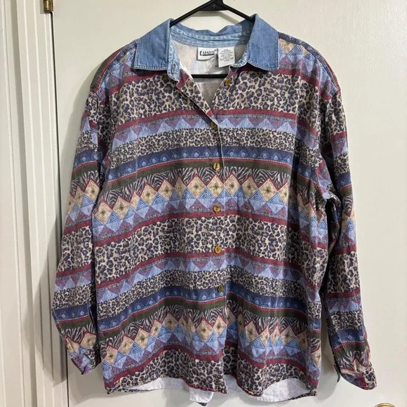 Vintage 90s Mixed Animal Print Geometric Shirt Denim Collar Indiecore XL - Picture 2 of 10